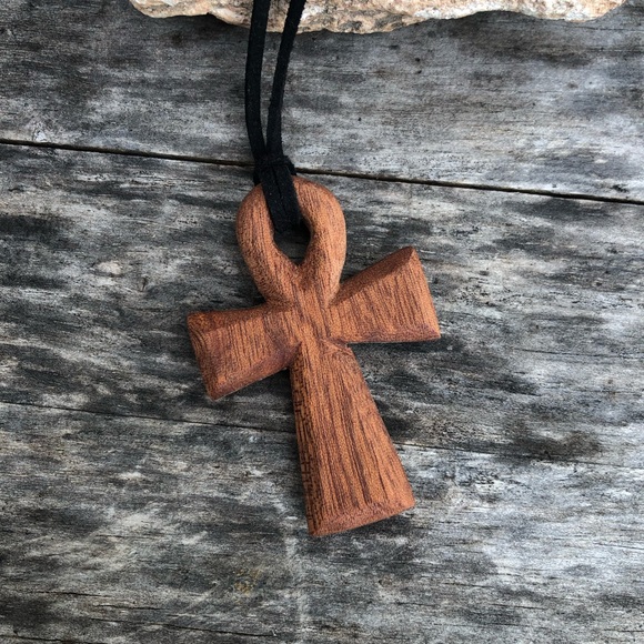 Hand-Carved Mahogany Wooden Ankh Necklace - Picture 5 of 10